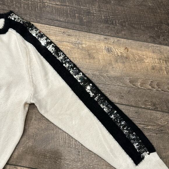 1.STATE Sequin Sleeve Stripe Cotton Blend Crewneck Sweater Cream Size L - Picture 5 of 11